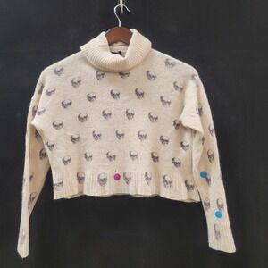 Skull Cashmere Sweater Size S Distressed Cream‎ Goth Emo Cropped Turtleneck